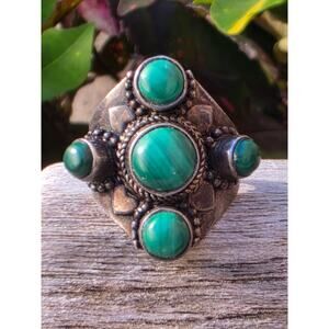 Vintage Modernist Oxidized Sterling Silver Malachite Ring, Size 5.5